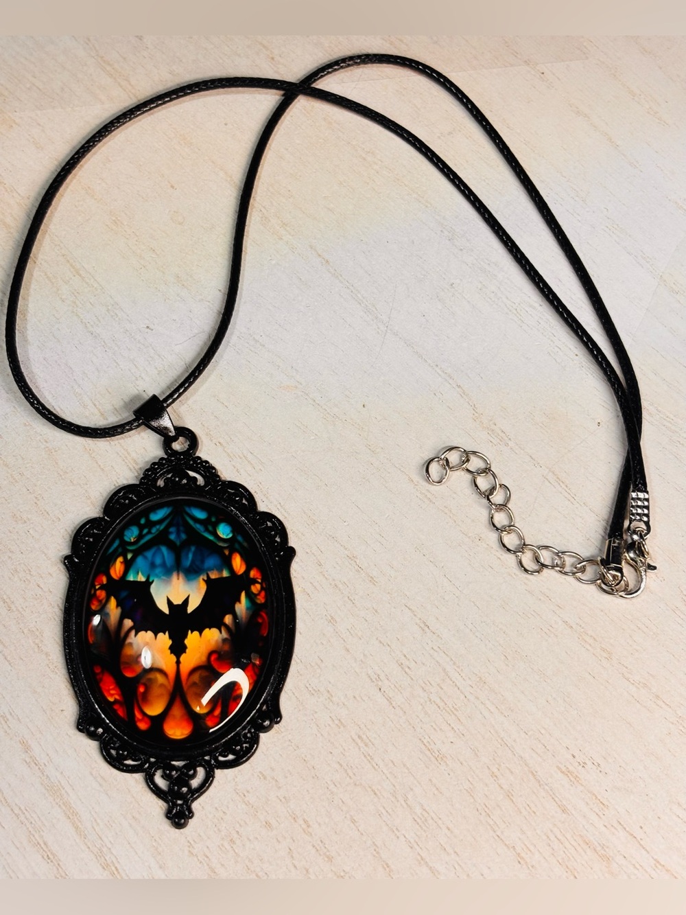 Gothic Bat Pendant Necklace Black Ornate Frame Colorful Glass Cabochon